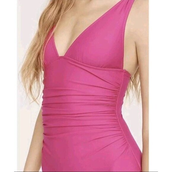 J. Crew Long-Torso Ruched V-neck OnePiece Swim Radiant Fuchsia Pink Size 6 (856 - Picture 2 of 5